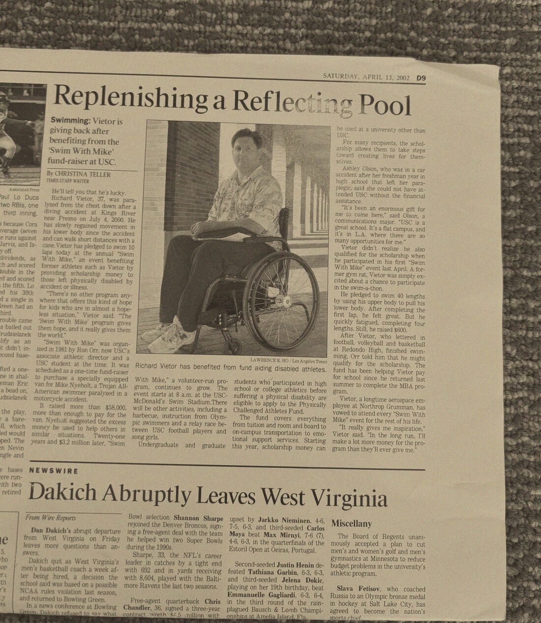 Faded newspaper clipping, Replenishing a Reflecting Pool, Daily Trojan, 2003.